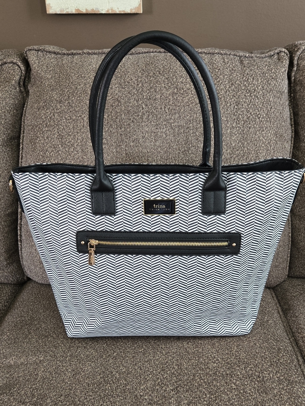 Trina Turk Black and White Chevron Tote with Gold Hardware